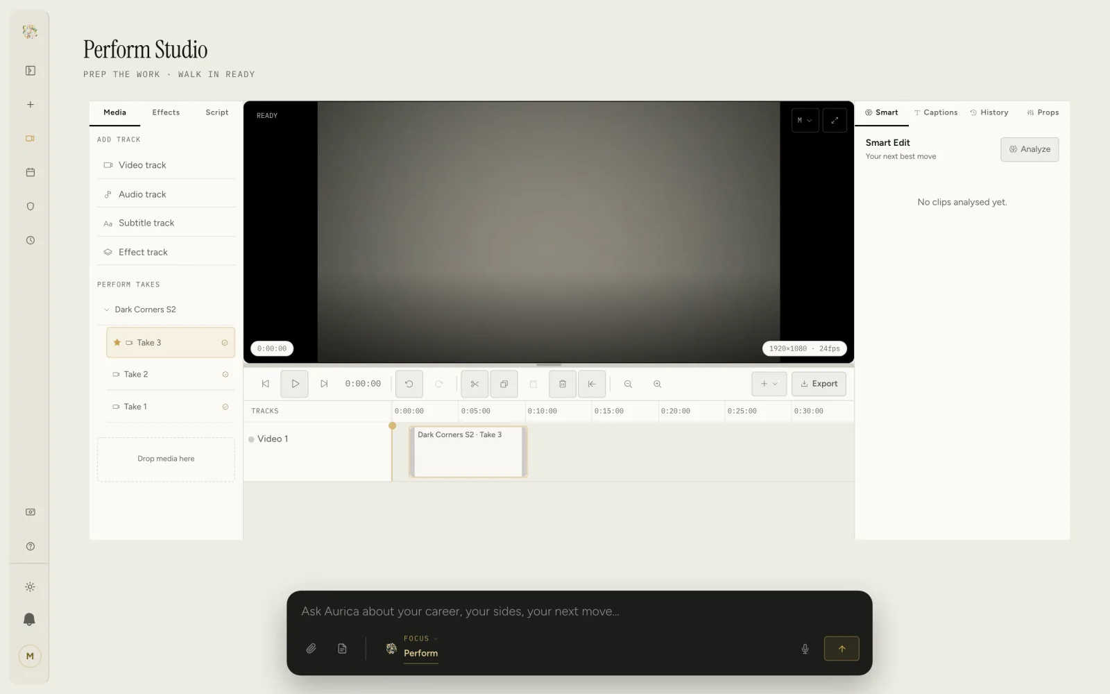The Editing Bay with a take selected on the video track, the preview above, editing controls and an Export button.