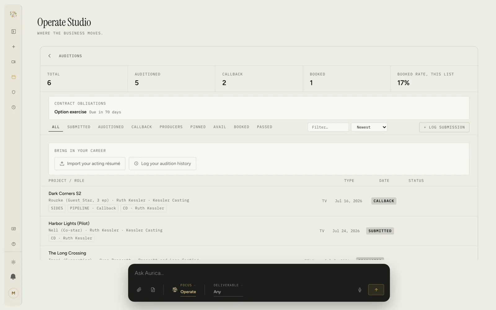 The Operate audition tracker: counts for total, auditioned, callback and booked, a contract obligation due in 70 days, and a list of auditions with casting office, date and status.