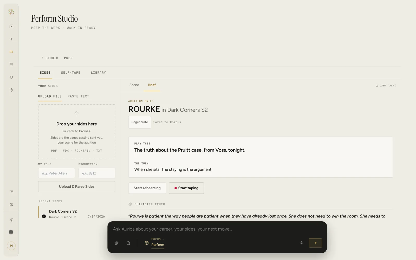 The Perform sides screen showing an audition brief for the role of Rourke, with a Play This line, The Turn, and the start of a character truth.