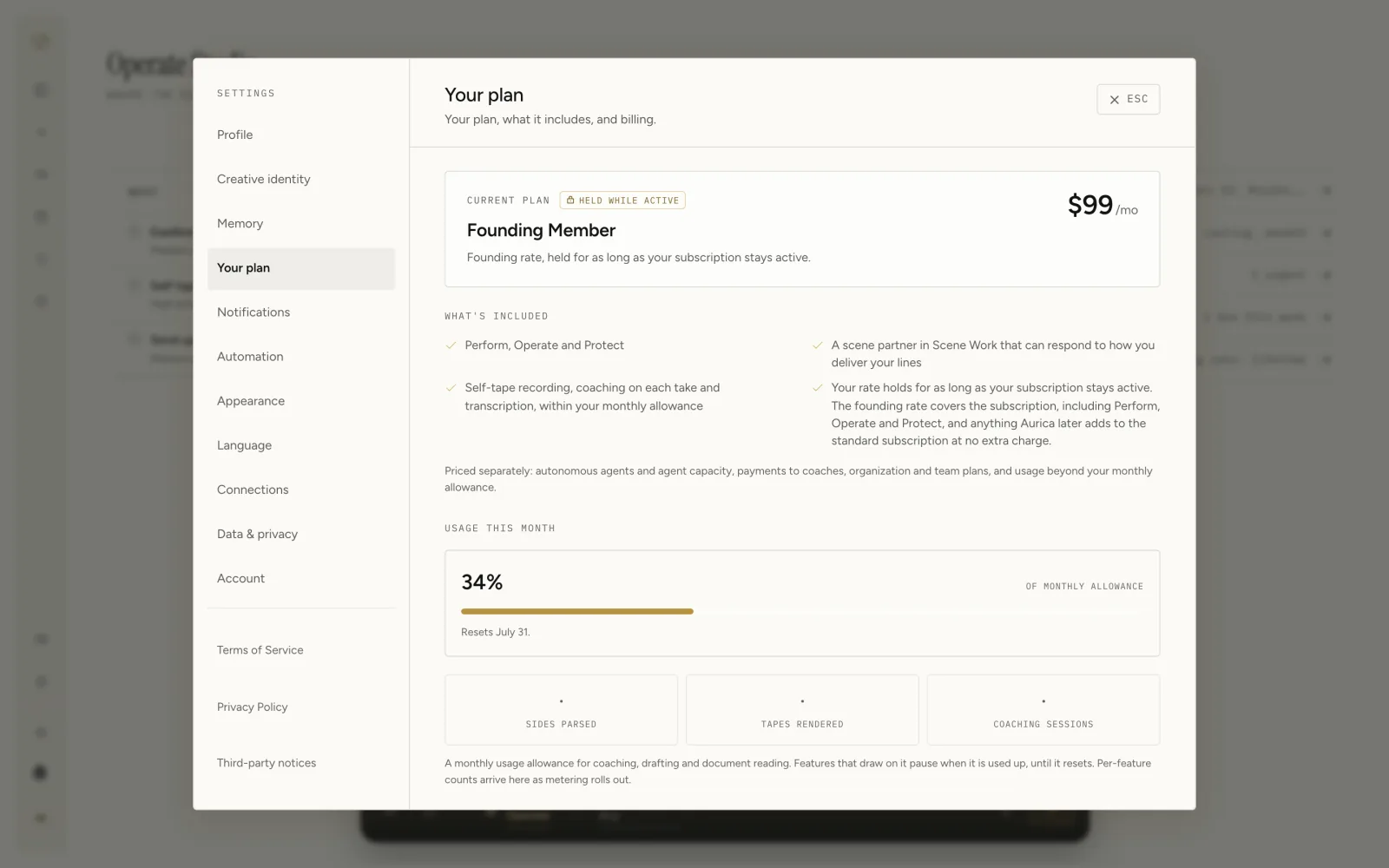 The Your plan settings screen showing the Founding Member plan, what is included, and a usage meter at 34 percent of the monthly allowance.