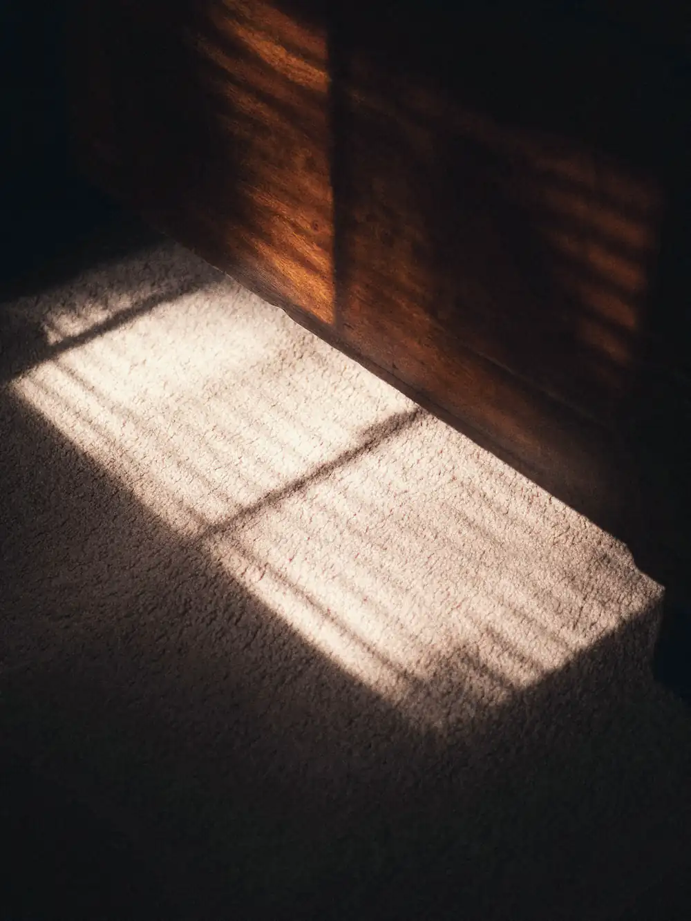 First light through a window falling across a carpeted floor