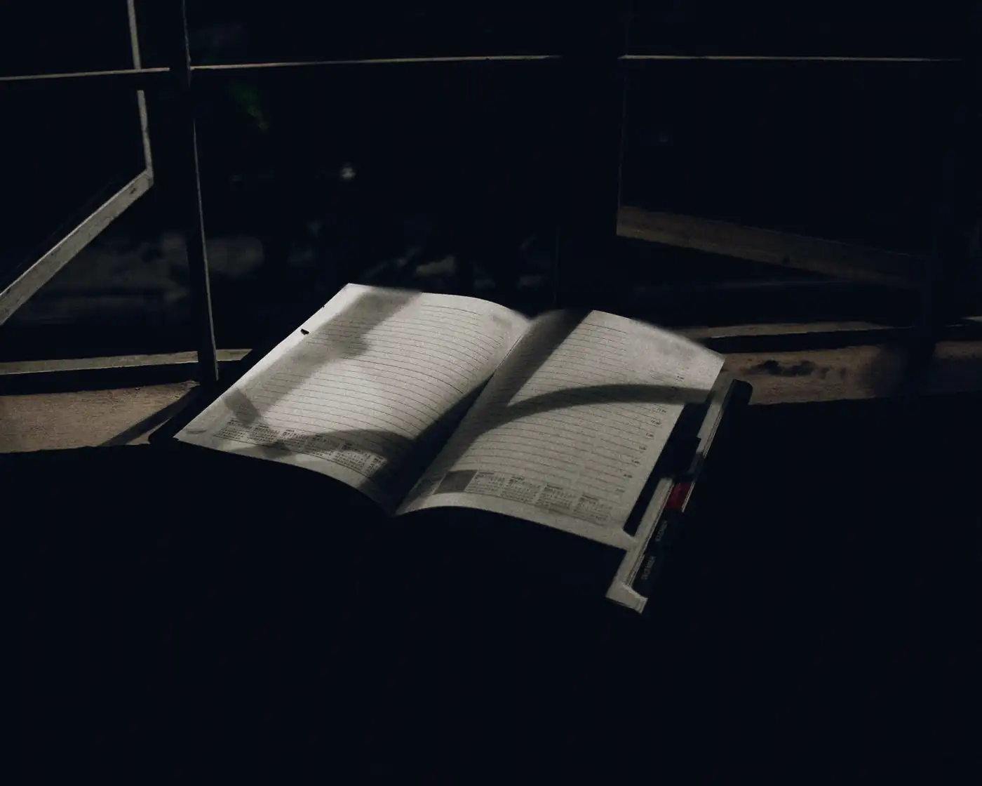 A week planner lying open on a window ledge at night, the page lit by one light